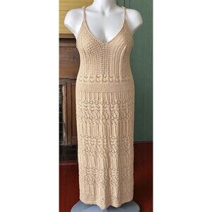 NWT Freshman 1996 Size S Beige Crochet Knit Midi Dress Boho Fully Lined